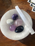 Aura Chakra Cleansing Selenite Bowl — Crown Chakra Charging Station with 7 Tumbled Gemstones