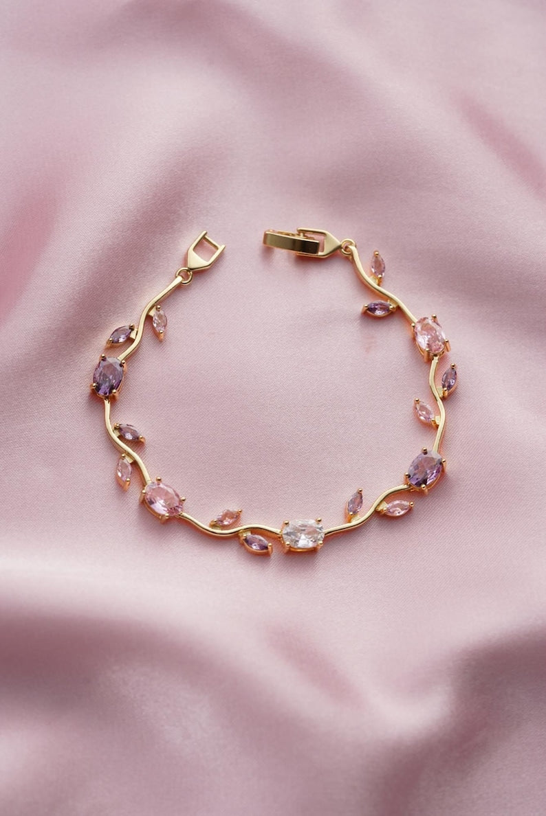 Aura Pastel Tulip Branch Strand — 18K Gold Plated Fairytale Floral Bracelet