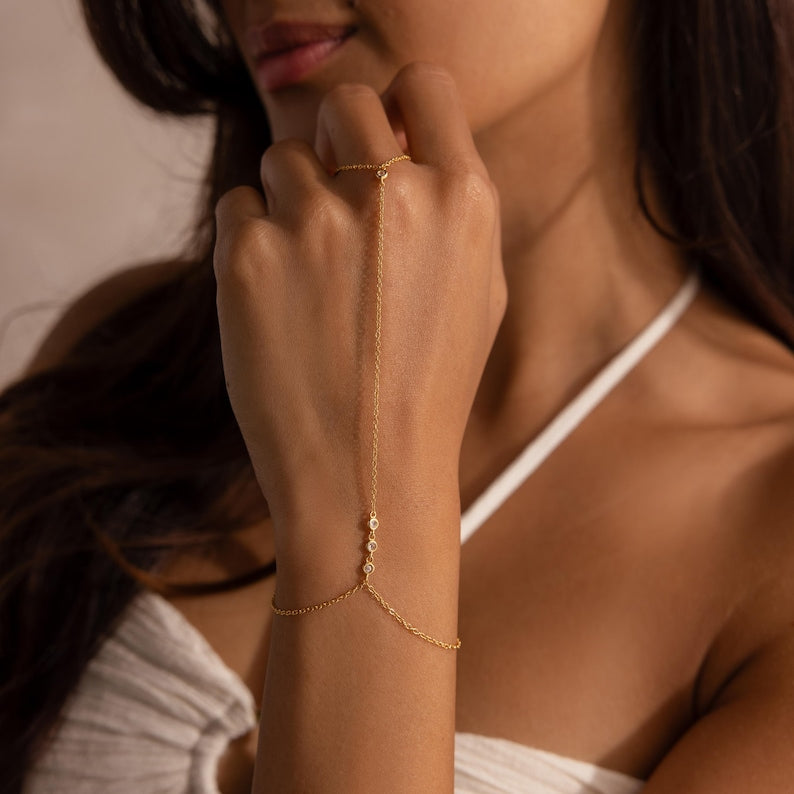 Aura Dainty Diamond Hand Chain — 18K Gold Plated Bezel CZ Bracelet