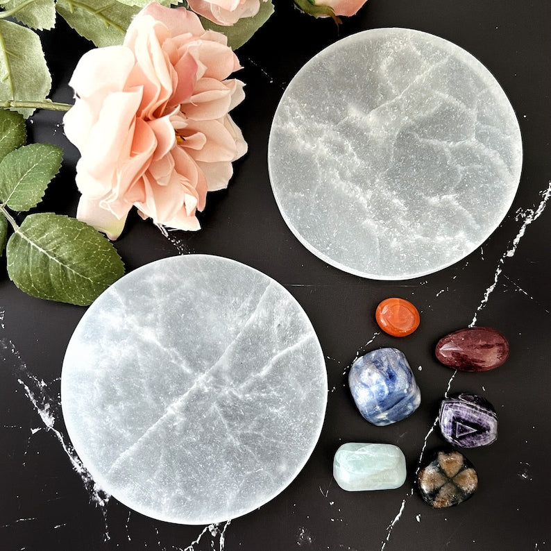 Aura Polished Circle Selenite Plate — Minimalist Altar Cleansing Slab