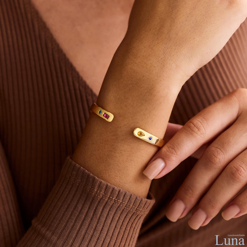 Aura Custom Constellation Cuff — 14K Gold Personalized Birthstone Bracelet
