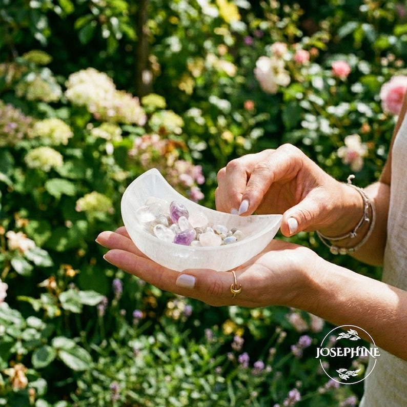 Aura Crescent Moon Selenite Bowl (4-Inch) — Crown Chakra Crystal Charging Dish