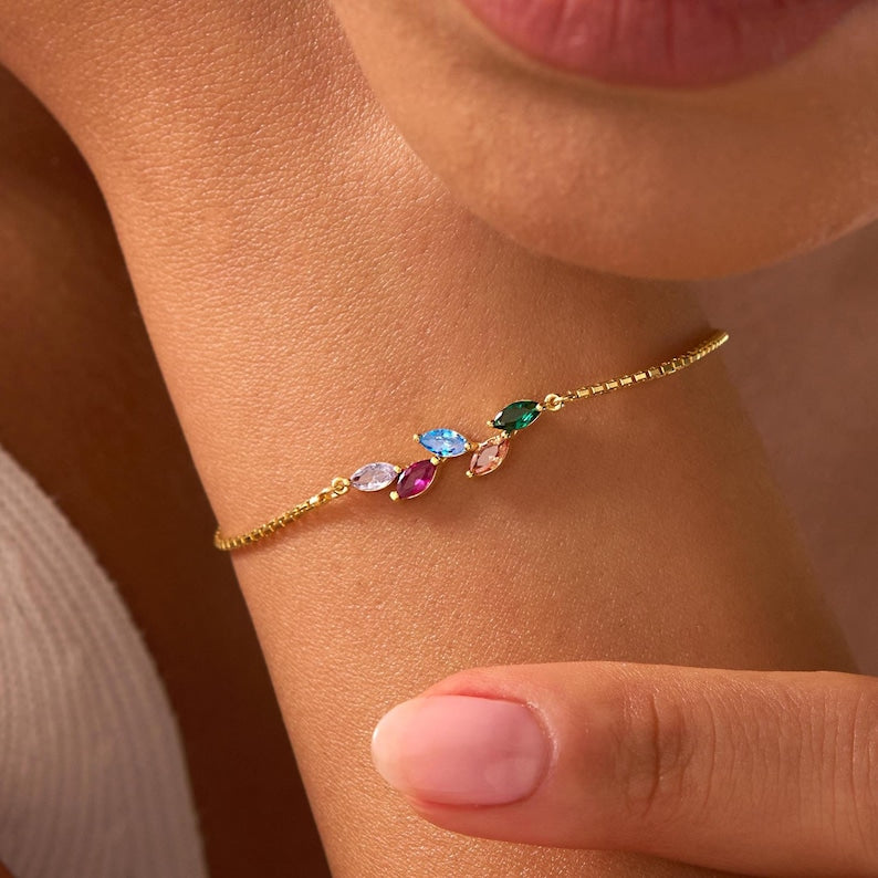 Custom Birthstone Leaf Bracelet — Botanical Cosmic Alignment
