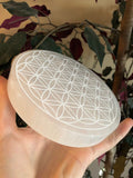 Aura Flower of Life Selenite Charging Plate — Sacred Geometry Altar Cleansing Slab