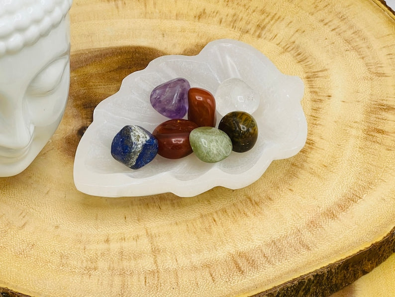 Aura Chakra Cleansing Selenite Bowl (10-cm) — Crown Chakra Charging Station with 7 Tumbled Gemstones