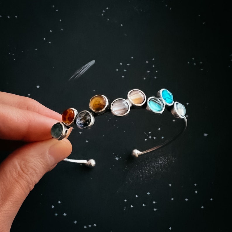 Aura Tiny Planet Cabochon Cuff — Adjustable Bronze Solar System Bangle
