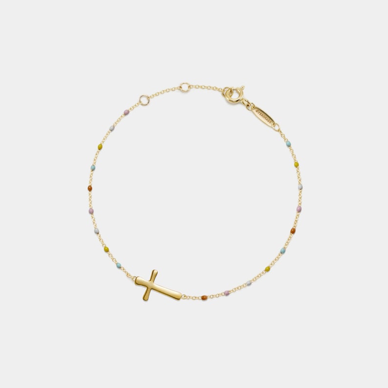 Sacred Cross Enamel Bead Bracelet — Dainty Spiritual Alignment Strand