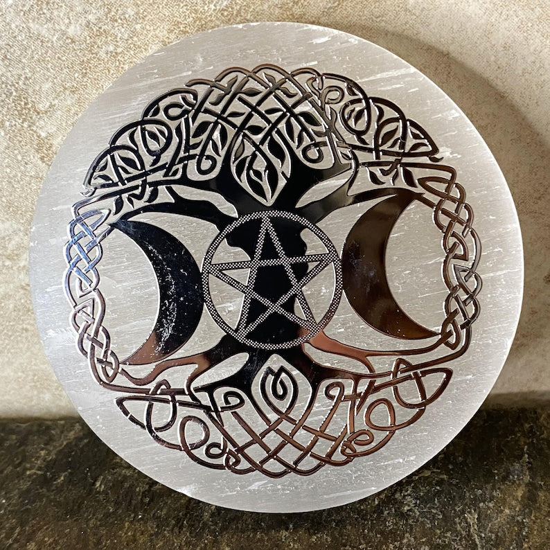 Aura Tree of Life Selenite Charging Plate — Sacred Geometry Altar Cleansing Slab