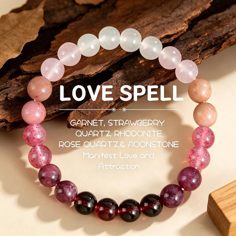 Aura Love Spell Manifestation Strand — Rose Quartz, Garnet & Rhodonite