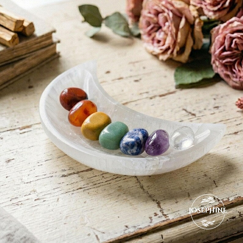 Aura Crescent Moon Selenite Bowl (4-Inch) — Crown Chakra Crystal Charging Dish