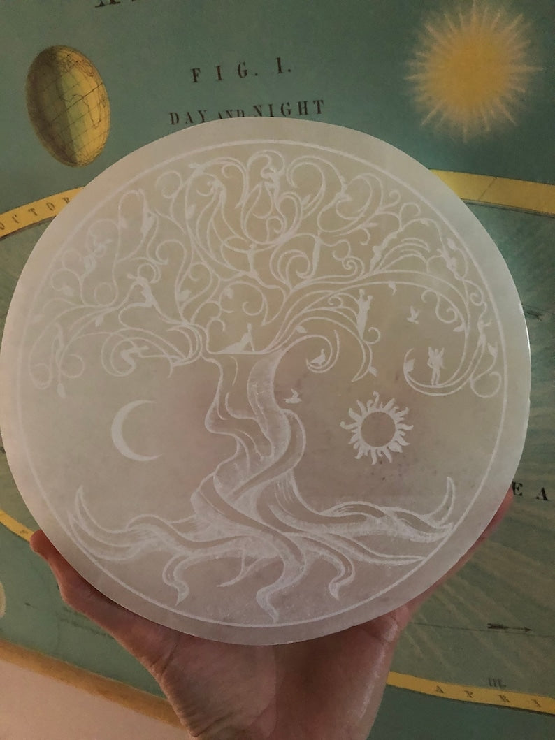 Aura Tree of Life Selenite Charging Plate — Sacred Geometry Altar Cleansing Slab