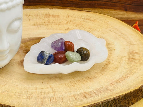 Aura Chakra Cleansing Selenite Bowl (10-cm) — Crown Chakra Charging Station with 7 Tumbled Gemstones
