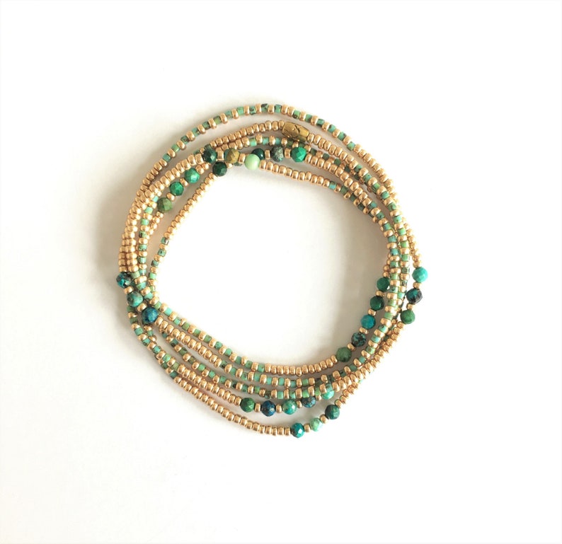 Aura Chrysocolla 5-Wrap Bracelet — Champagne Gold & Turquoise Boho Alignment Strand