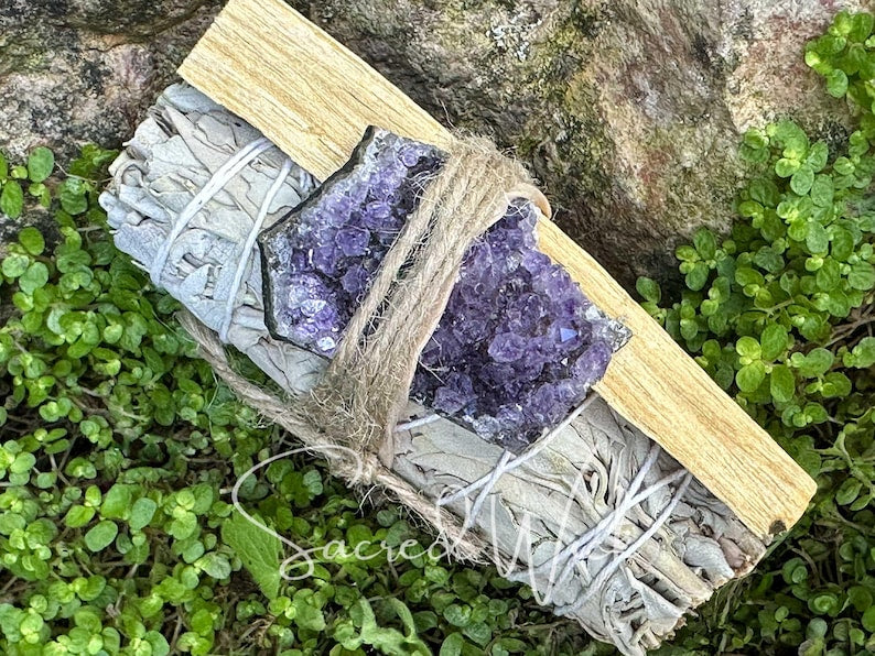 Aura Amethyst & Sacred Smudge Calm Bundle — Tranquility & Intuition Smudging Set