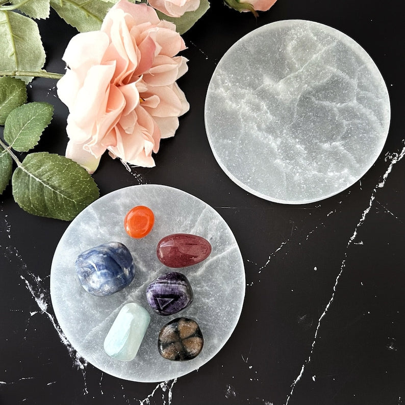 Aura Polished Circle Selenite Plate — Minimalist Altar Cleansing Slab