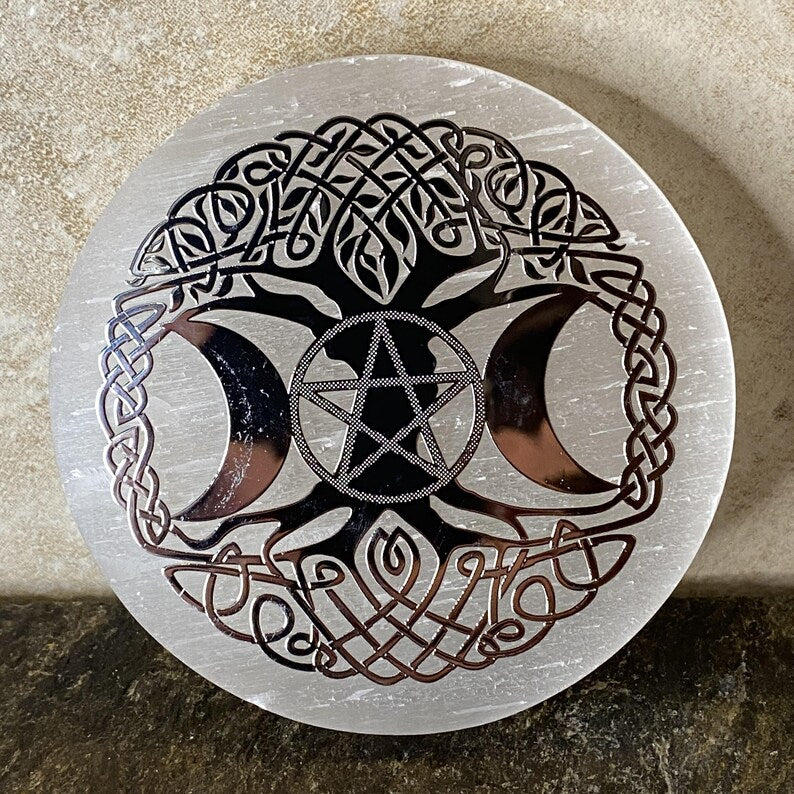Aura Tree of Life Selenite Charging Plate — Sacred Geometry Altar Cleansing Slab
