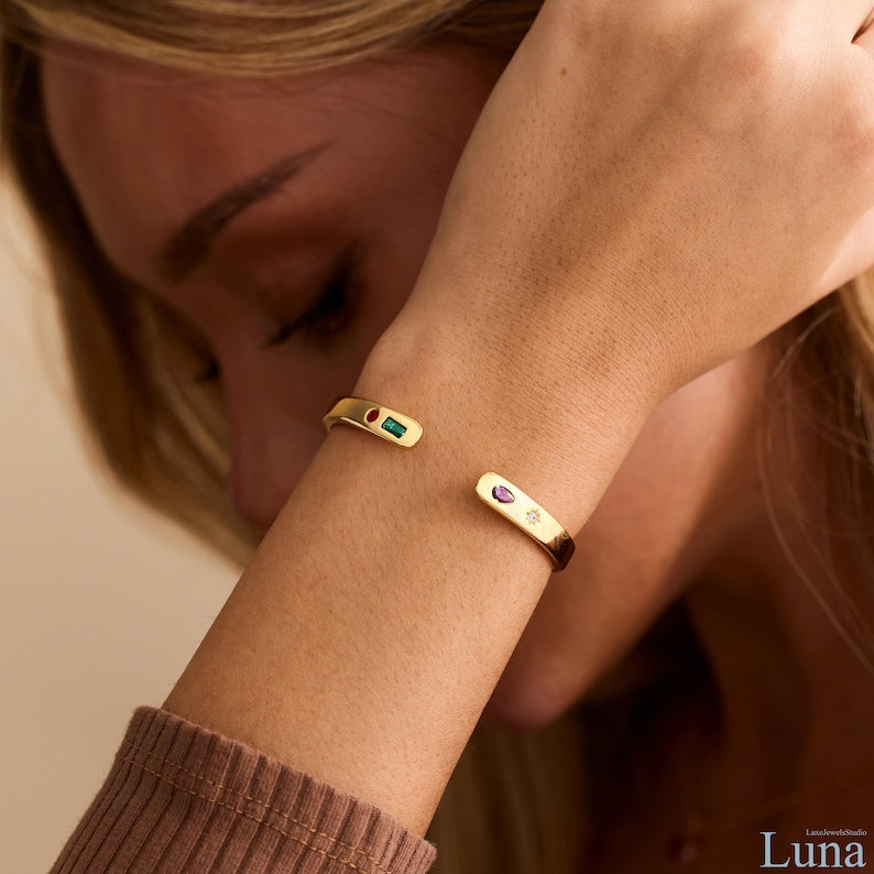 Aura Custom Constellation Cuff — 14K Gold Personalized Birthstone Bracelet