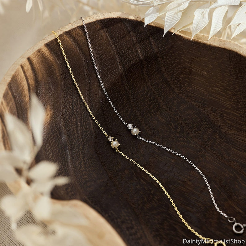 Aura Minimalist Pearl & Diamond Strand — 14K Gold Plated Bridal Bracelet
