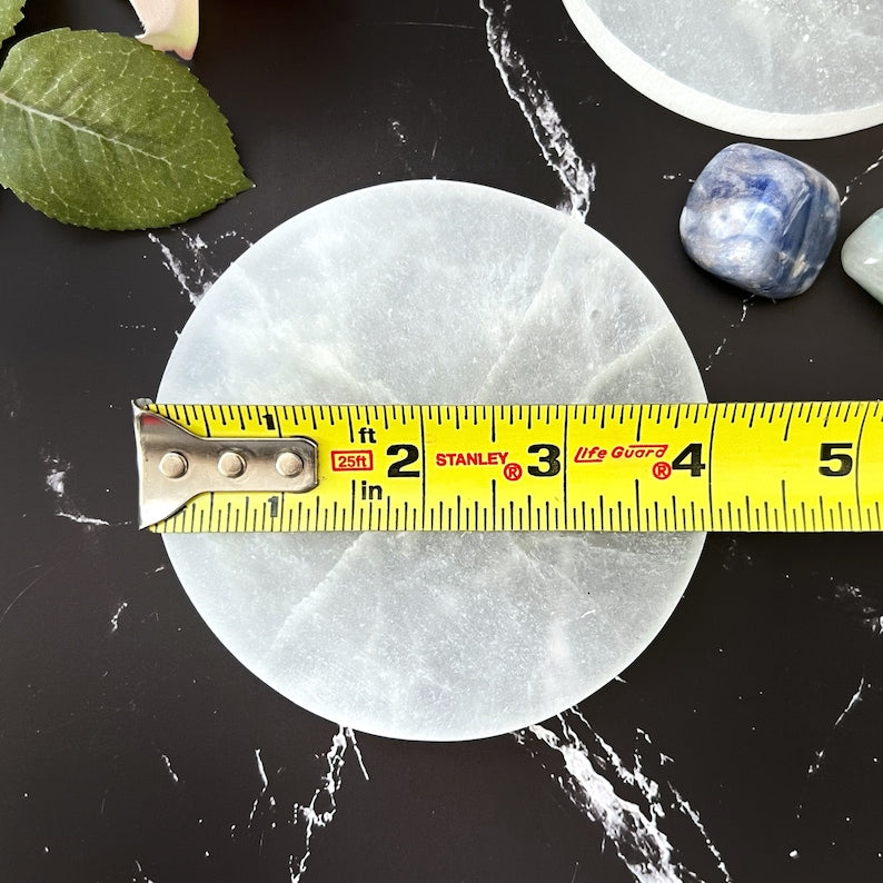 Aura Polished Circle Selenite Plate — Minimalist Altar Cleansing Slab