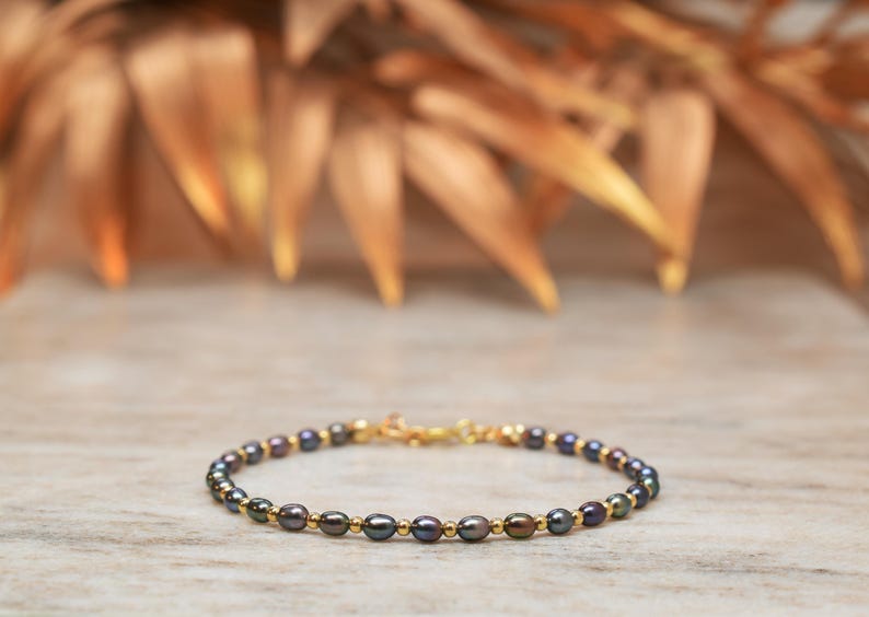 Aura Peacock Pearl Strand — Gold Filled Bracelet with Natural Black Pearls