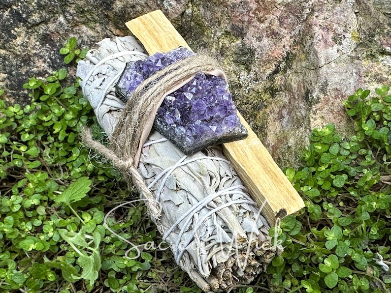 Aura Amethyst & Sacred Smudge Calm Bundle — Tranquility & Intuition Smudging Set