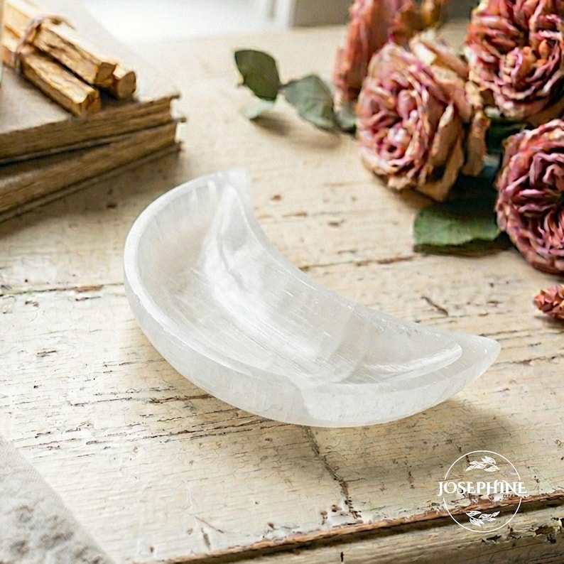 Aura Crescent Moon Selenite Bowl (4-Inch) — Crown Chakra Crystal Charging Dish