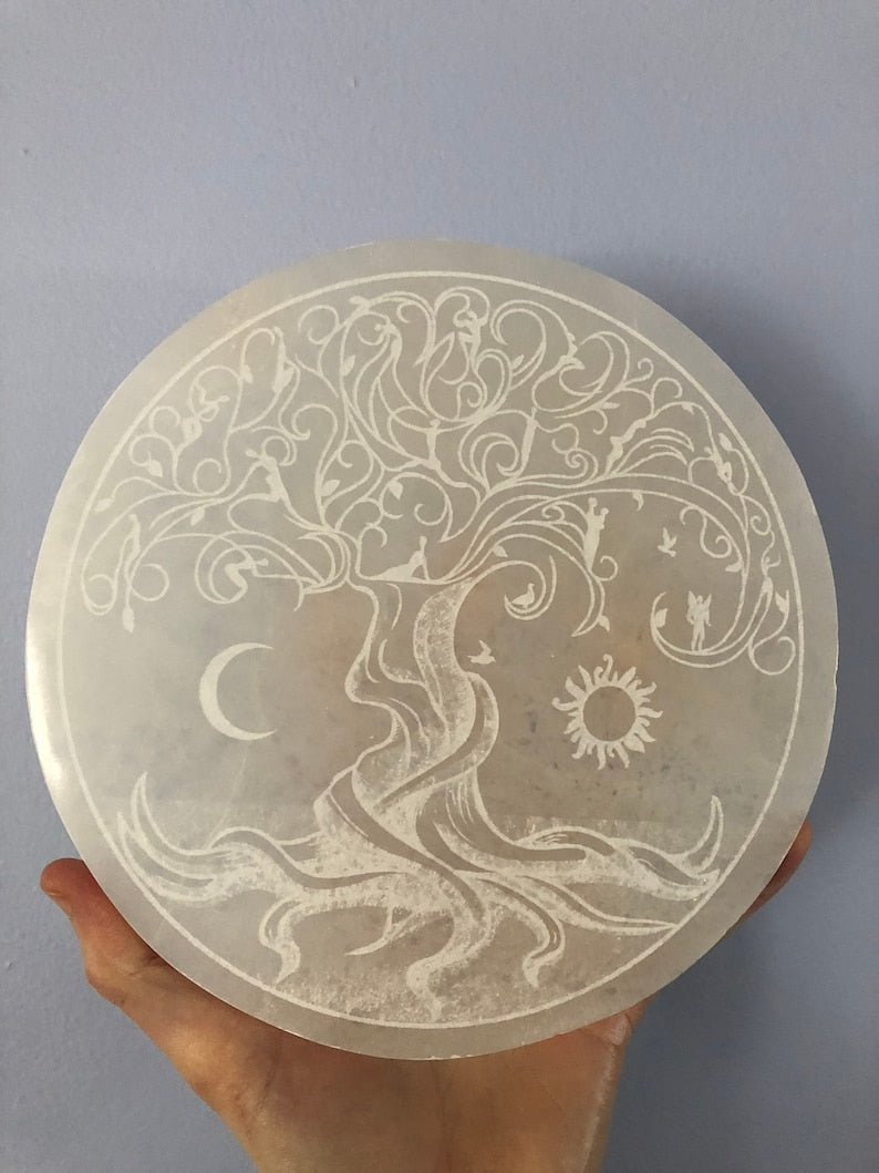 Aura Tree of Life Selenite Charging Plate — Sacred Geometry Altar Cleansing Slab