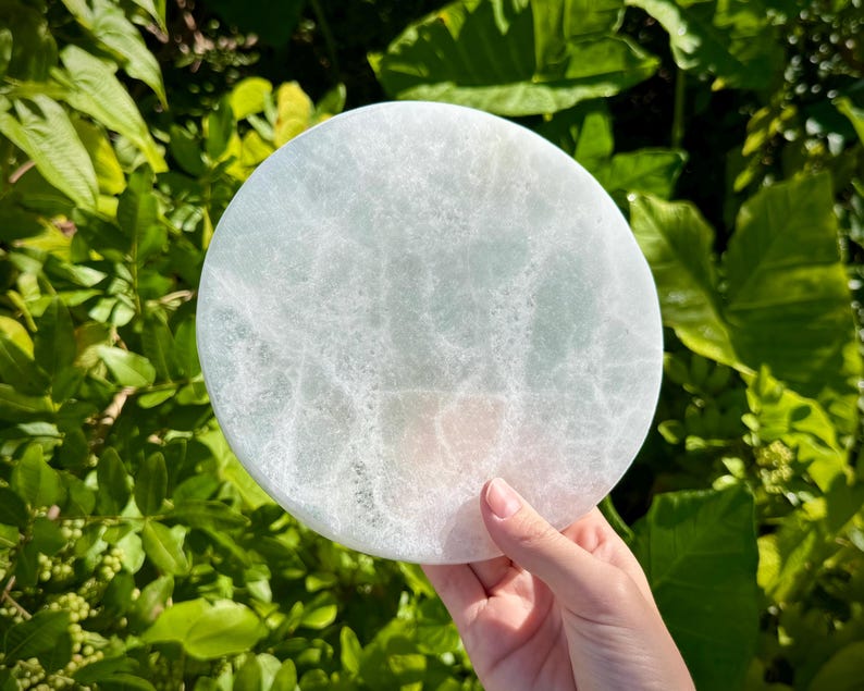 Aura Polished Circle Selenite Plate — Minimalist Altar Cleansing Slab