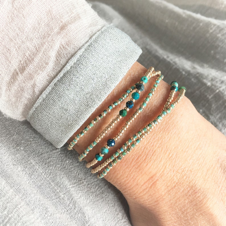 Aura Chrysocolla 5-Wrap Bracelet — Champagne Gold & Turquoise Boho Alignment Strand