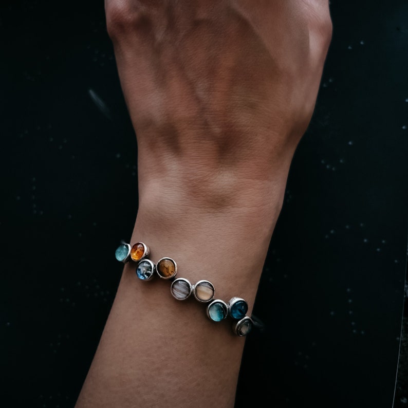 Aura Tiny Planet Cabochon Cuff — Adjustable Bronze Solar System Bangle