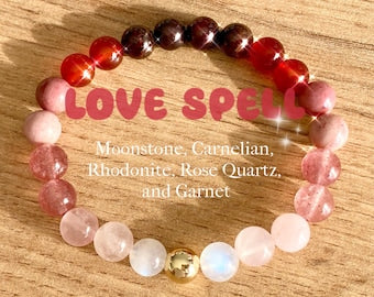 Aura Love Spell Manifestation Strand — Rose Quartz, Garnet & Rhodonite