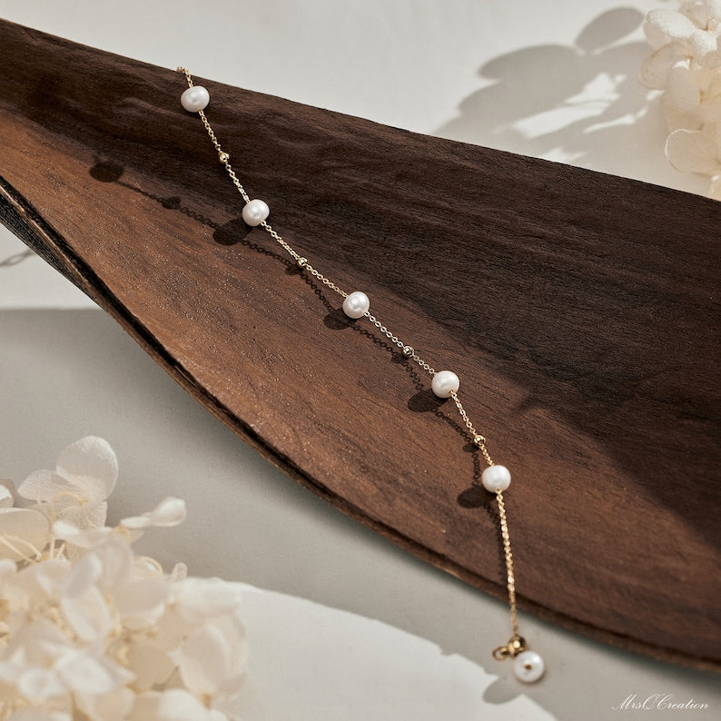 Dainty Dewdrop Pearl Strand — 18K Gold & Natural Freshwater Pearl Bracelet