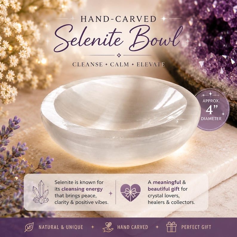 Aura Chakra Cleansing Selenite Bowl — Crown Chakra Charging Station with 7 Tumbled Gemstones