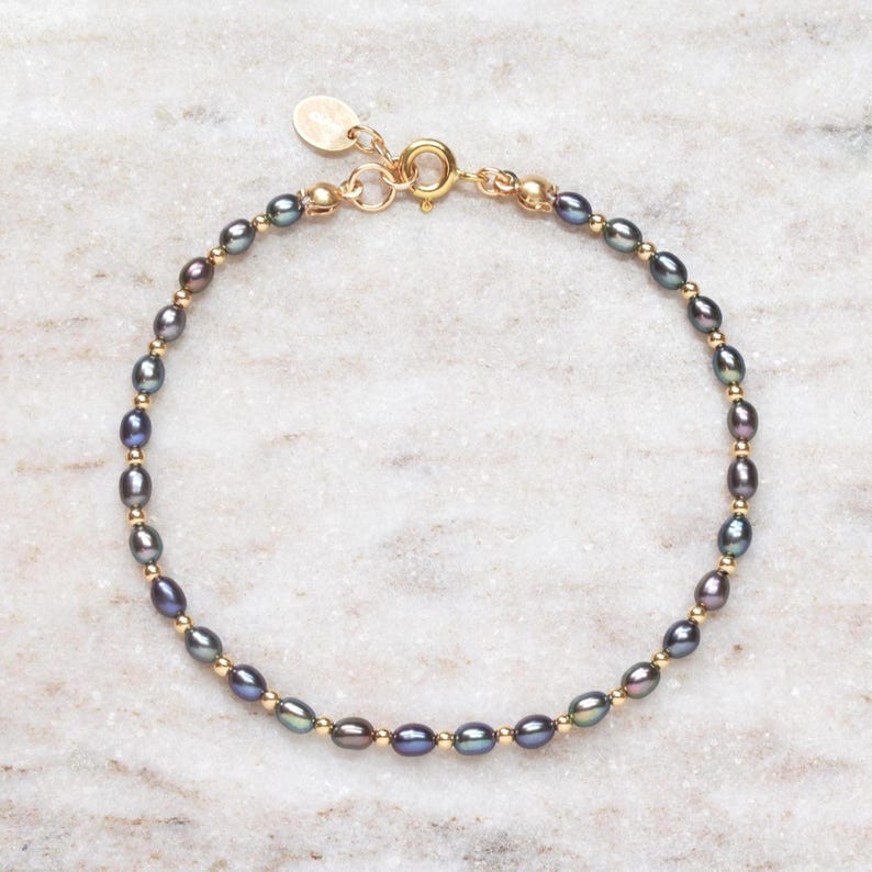 Aura Peacock Pearl Strand — Gold Filled Bracelet with Natural Black Pearls