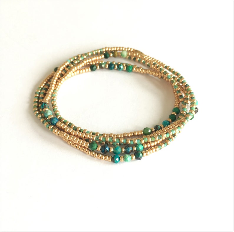 Aura Chrysocolla 5-Wrap Bracelet — Champagne Gold & Turquoise Boho Alignment Strand