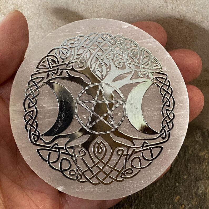Aura Tree of Life Selenite Charging Plate — Sacred Geometry Altar Cleansing Slab