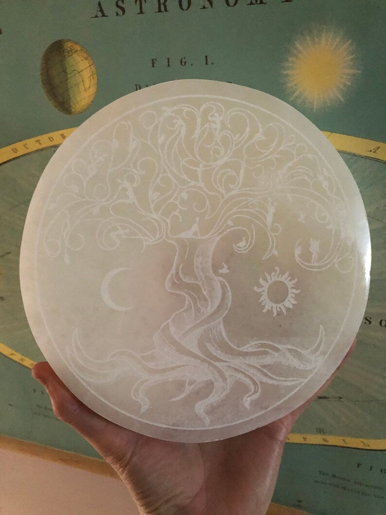 Aura Tree of Life Selenite Charging Plate — Sacred Geometry Altar Cleansing Slab