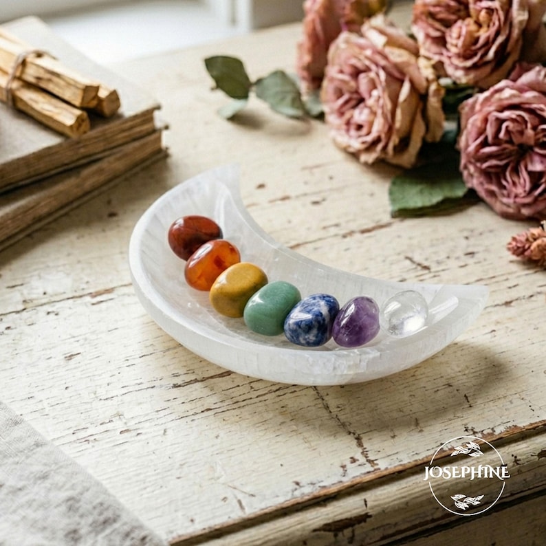 Aura Crescent Moon Selenite Bowl (4-Inch) — Crown Chakra Crystal Charging Dish