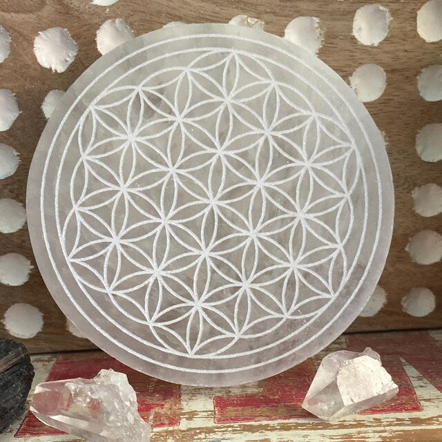 Aura Flower of Life Selenite Charging Plate — Sacred Geometry Altar Cleansing Slab