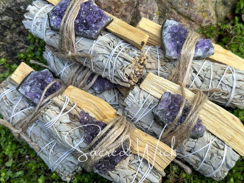 Aura Amethyst & Sacred Smudge Calm Bundle — Tranquility & Intuition Smudging Set