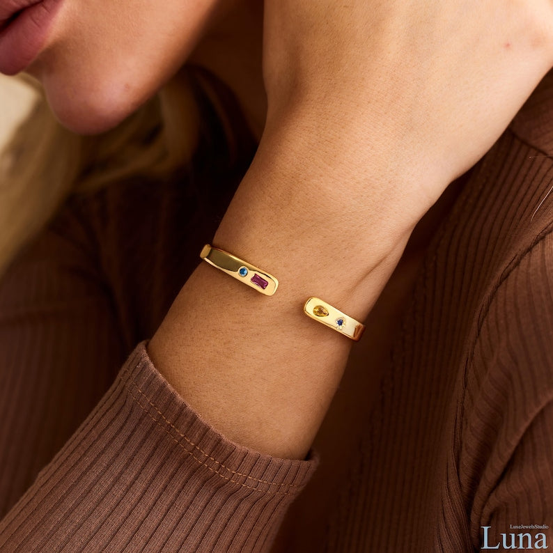 Aura Custom Constellation Cuff — 14K Gold Personalized Birthstone Bracelet