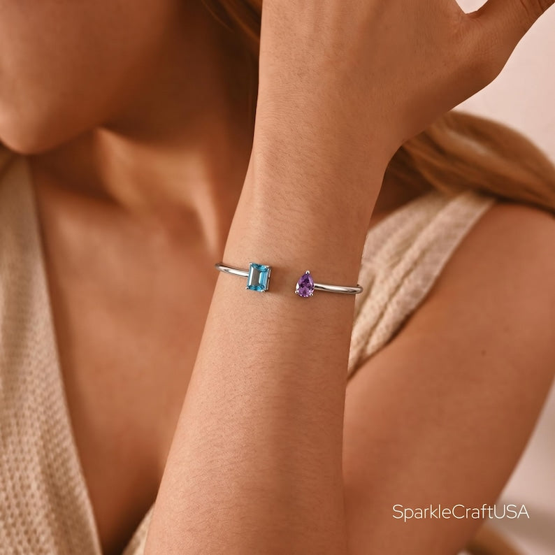 Custom Birthstone Open Cuff — Personal Cosmic Blueprint