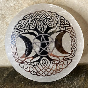Aura Tree of Life Selenite Charging Plate — Sacred Geometry Altar Cleansing Slab