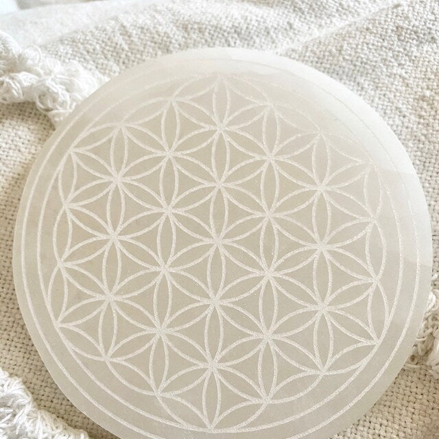 Aura Flower of Life Selenite Charging Plate — Sacred Geometry Altar Cleansing Slab