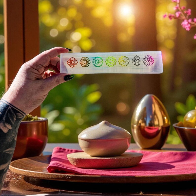 Aura Seven Chakras Selenite Charging Plate — Multi-Chakra Alignment Cleansing Slab