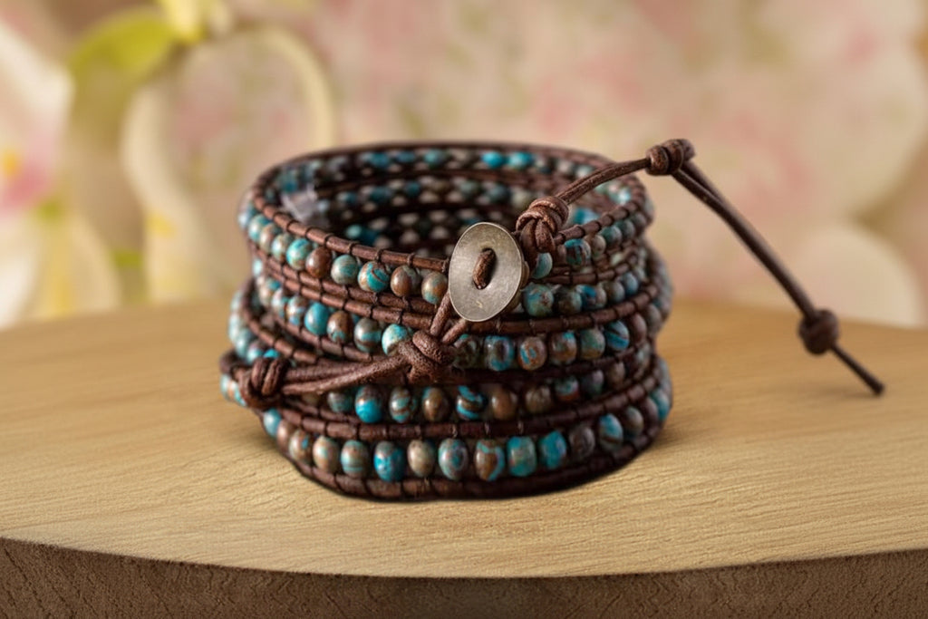 Aura Autumn Jasper Leather Wrap — Earth Grounding Bangle