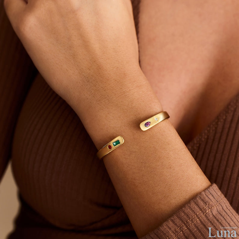 Aura Custom Constellation Cuff — 14K Gold Personalized Birthstone Bracelet