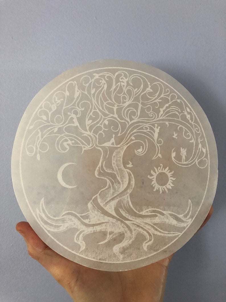 Aura Tree of Life Selenite Charging Plate — Sacred Geometry Altar Cleansing Slab