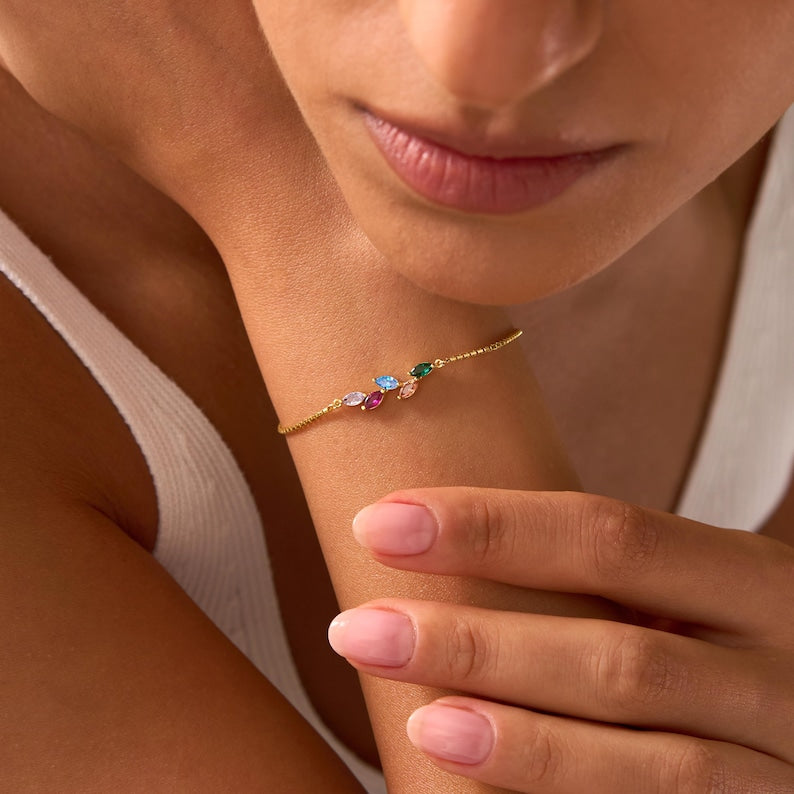 Custom Birthstone Leaf Bracelet — Botanical Cosmic Alignment