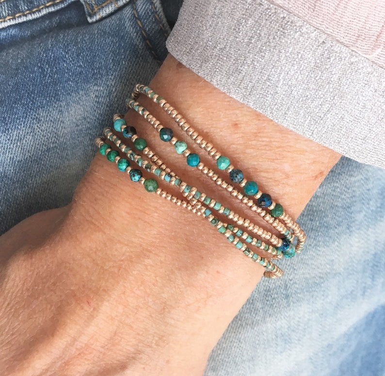 Aura Chrysocolla 5-Wrap Bracelet — Champagne Gold & Turquoise Boho Alignment Strand